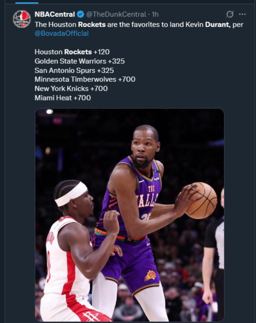 難道說？美媒曬杜蘭特下家賠率，火箭大幅度領(lǐng)跑！